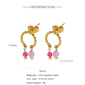 18k gold plated 316L stainless steel earrings with pink stone dangles and beads - Bead Wrapped Two-Tone Stone Style (HE0061G)