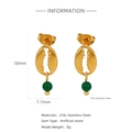 Detail of 18k gold stainless steel shell earrings with green stone and 18mm height dimension - Shell Shape With Green Bead Style (HE0037G)