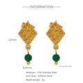 Detailed view of emerald bead earrings with lava texture showing 22mm size specs - Rhombus Hammered Green Bead Style (HE0038G)