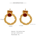 Detailed macro view of 18k gold plated twisted earrings with red ruby-like gemstones - Rotating Texture Red Stone Ring Style (HE0040G-2)
