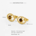 Detailed view of 316L stainless steel gold earrings with oval artificial stones - Oval Hammered Cat Eye Style (HE0044G)