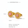 Detail view of 10mm sunflower stud earrings in 316L stainless steel with pink stone - Sunflower Pink Stone Style (HE0052G-2)