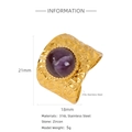 Hammered gold wide open ring in 316L stainless steel with a round purple zircon stone - Purple Zirconia (HR0003G33-2)