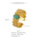 Vintage 18K gold-plated stainless steel ring with oval turquoise and leaf patterns - Turquoise Green (HR0003G50-3)