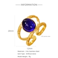 18k gold plated stainless steel open ring with blue oval gemstone and hammered texture - Ocean Blue