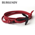 Detail of burgundy leather multi-layer bracelet featuring a black anchor-shaped hook buckle - Burgundy