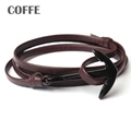 Detail of coffee brown multi-layer leather bracelet with black metal anchor clasp - Coffee