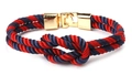 Detail of red and blue braided nautical bracelet with polished gold metal buckle - Navy Blue + Red