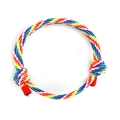 Close-up of rainbow braided 550 paracord bracelet with adjustable knot and colorful pattern - Woven Style / Rainbow