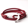Bracelet multicouche en cuir rouge avec un fermoir ancre en argent poli pour hommes et femmes - Bordeaux