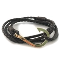 Bracelet multicouche en cuir tressé noir pour homme avec fermoir ancre hameçon doré - Cordon en Cuir Noir (Fermoir Doré)