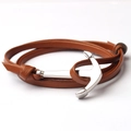 Bracelet en cuir marron double couche avec fermoir ancre argentée au style nautique chic - Kaki