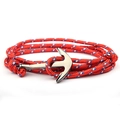 Close-up of tricolor nautical rope bracelet with silver anchor clasp and adjustable knot - Red (QB-06)