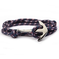 Close-up of navy blue nautical rope bracelet with polished silver anchor clasp - Navy Red White (QB-10)