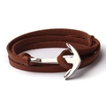 Détail d'un bracelet multi-rangs en cuir marron avec fermoir ancre marine en métal argenté - Kaki (SB Simple Couche)