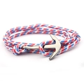 Detail of red white and blue nautical braided rope bracelet with silver anchor clasp - Red White Blue Twill (QB-11)