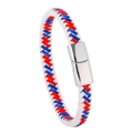 Detailed close-up of a three-color braided leather bracelet with silver magnetic metal clasp - White Camouflage Leather Cord