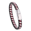 Detailed close-up of woven leather bracelet with magnetic silver clasp in 45-degree angle - Black Wine Red White Camo Cord