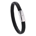Detail of black braided leather bracelet featuring a polished silver magnetic metal clasp - Black Braided Cord