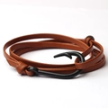 Bracelet enroulé nautique pour hommes avec lanière en cuir marron et fermoir crochet noir - Kaki