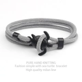 Handmade grey Milan rope bracelet featuring a black sea turtle charm in ocean style - Silver Gray