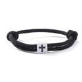Adjustable black woven rope bracelet with engraved cross square stainless steel slider - Black