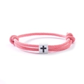 Handmade adjustable pink cord couple bracelet with a stainless steel cross square bead - Pink