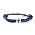 Adjustable navy blue woven couple bracelet with white square block and black cross charm - Navy Blue