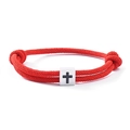 Handmade woven adjustable couple bracelet with red string and silver cross metal charm - Red