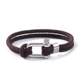 Close-up of brown braided rope bracelet with silver stainless steel U-shaped shackle - Dark Brown
