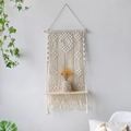 Bohemian handmade woven macrame wall hanging shelf with wood board for home decor - Woven Hanging Rack Style (m0674)