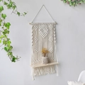 Boho hand-woven wall tapestry with wooden floating shelf and decorative macrame tassels - Geometric Art Grid Style (m0674)