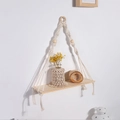 Mensola da parete in macramè fatta a mano con nappe di cotone e tavola in legno naturale - Stile con Trama Intrecciata (m0655)