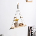 Bohemian woven cotton rope wall shelf with natural wood board and decorative beads - Wood Bead Decor Style