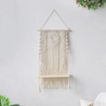 Bohemian hand-woven wall shelf with macramé cotton rope and natural wood board - Fine Woven Style (m0674)