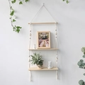 Handmade boho 2-tier cotton rope shelf with natural wood for wall decoration - Double Layer Bohemian Rack (m0692)