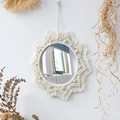Specchio da parete rotondo boho in macramè con corda di cotone bianco crema e perle di legno - Specchio con Perline di Legno da 25cm