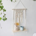Boho style macrame wall shelf with natural wood board and handwoven cotton rope hanging - Woven Cat Nest Hanging Basket Style / White