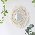 Round macrame wall mirror with handmade cream cotton fringe in a bohemian style design - Round Tassel Style (m0403)