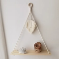 Detail view of woven cotton rope leaf decoration and wooden shelf for wall storage - Leaf Decoration Style (m0826)