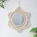 Detailed Macrame texture and fringe of a bohemian round wall hanging mirror décor - Hexagonal Star Style (m0864)