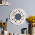 Handmade boho macrame flower wall mirror with white cotton fringe and wooden beads décor - Wooden Beads Style