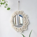 Bohemian woven macrame wall mirror with white cotton fringe and decorative wooden beads - 25cm Wood Bead Mirror