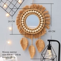 Boho woven mirror with wooden beads and leaf tassels for Nordic wall decor - Coffee Leaf Style