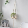 Handmade macrame plant hanger with wooden tray and minimalist cotton rope design - White Cotton Rope Woven Round Wood Tray (m0741)