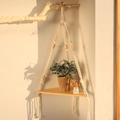 Bohemian handmade macrame wall shelf with triangle wood board and decorative beads - Single Layer