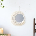 Handmade macrame wall mirror in ivory cotton with crescent moon design and fringe - Moon Shape (m01209)