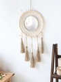 Specchio da parete bohémien con perline in legno naturale e lunghe nappe decorative - Specchio Sospeso Stile Bohemian (m01207)