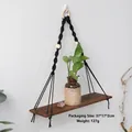 Bohemian wall hanging shelf with dark wood board and black woven rope for plants - Black Style 3