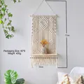 Bohemian handmade macrame wall shelf in off-white cotton rope with wood board 35x72cm - Woven Tapestry Pattern A